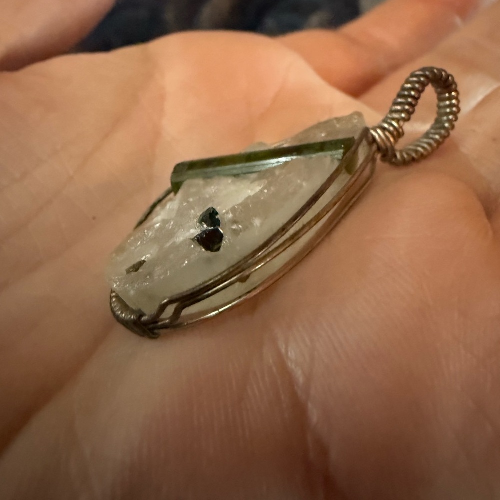 Vintage Tourmaline & Quartz Teardrop Hand-wrapped Pendant - Picture 2 of 4